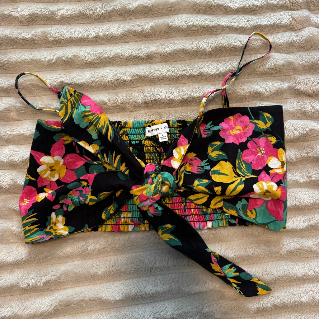 Express Black Floral Tie-Front Bandeau Top Pink & Yellow Flowers